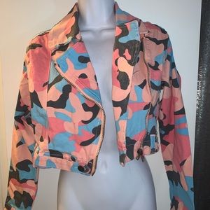 Pink, Blue,& Black Camo Cropped Jean Jacket